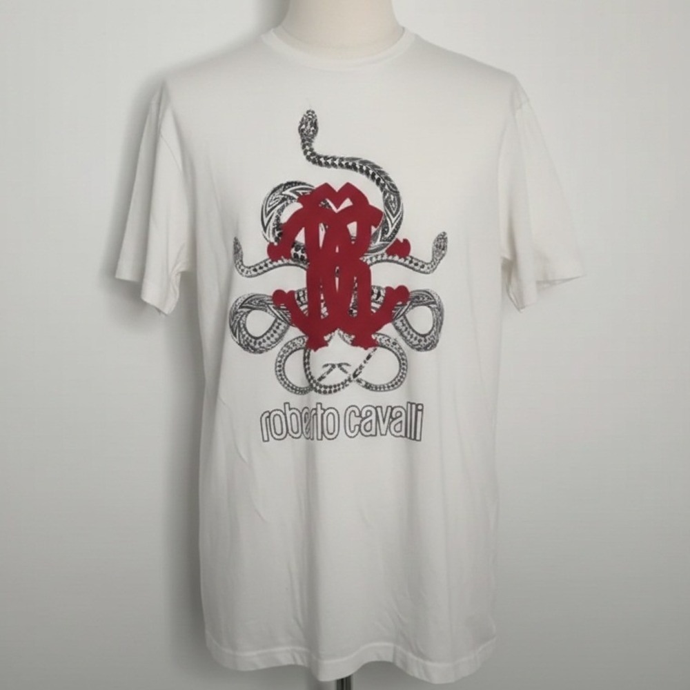 Roberto Cavalli T-Shirt Snake Monogram Graphic White Mens M